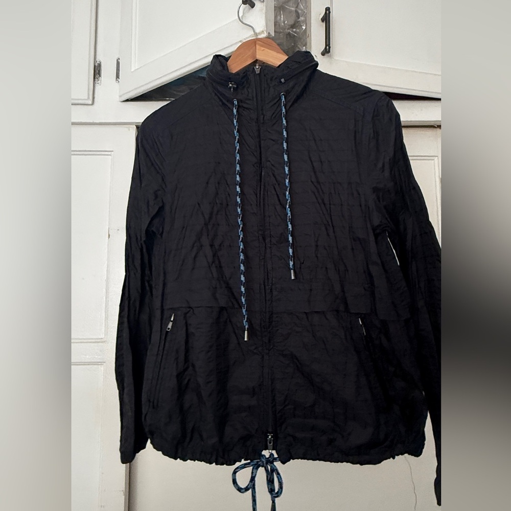 Black Hooded Jacket with Blue Drawstrings